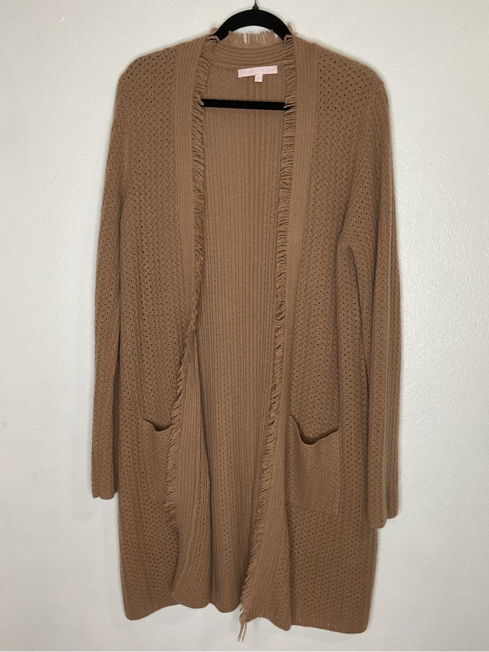 The Cashmere Project Fringe Trim Longline Open Cardigan Camel
